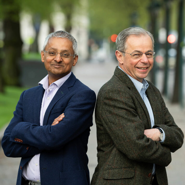 In this picture Professors Shankar Balasubramanian and David Klenerman, 2020 Millennium Technology Prize Winners that they received from their innovation Next Generation DNA Sequencing