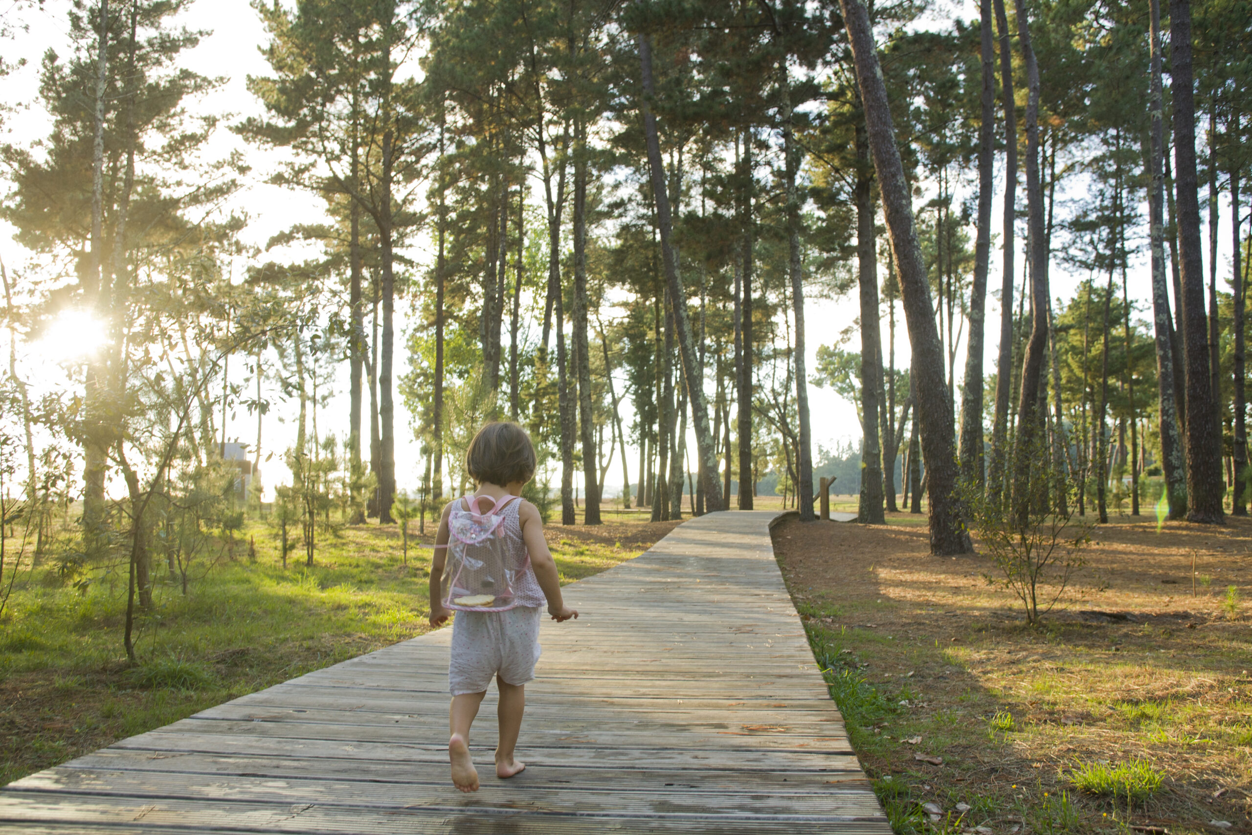 Child walking along wooden path